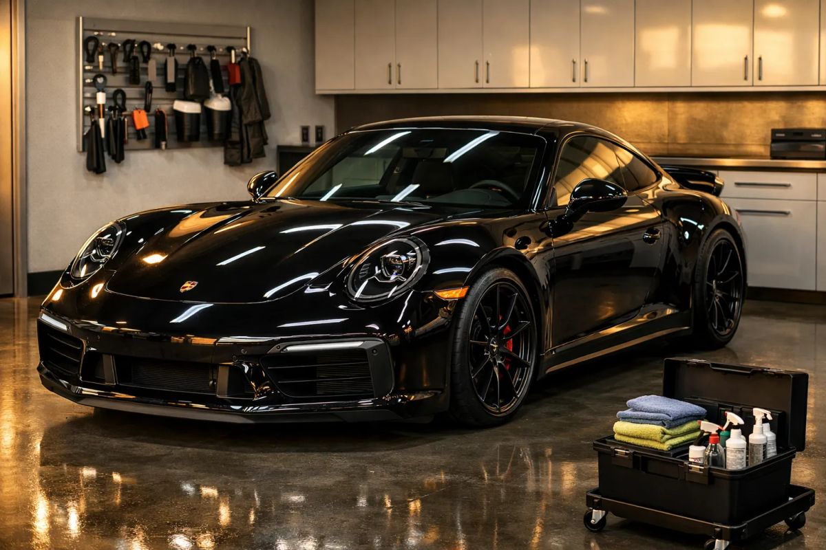 Detailer applying ceramic coating to the glossy paint of a luxury vehicle