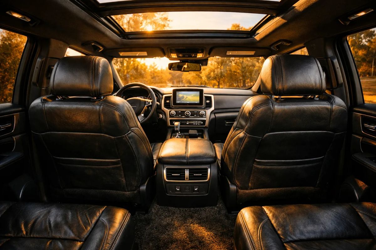 Detailer conditioning a luxury vehicle leather seat in a professional detailing bay